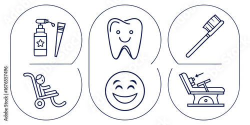 Dental care icons depicting a happy tooth toothbrush dental chair and patient transport for oral hygiene and health