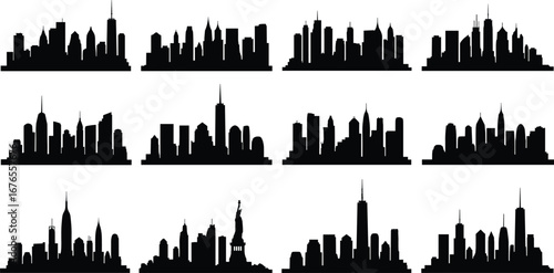 City skyline silhouettes, urban buildings, skyscraper view, downtown architecture, cityscape design, modern skyline, metropolitan background, New York, business district