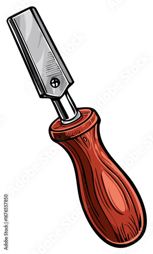 Close-up illustration of a vintage straight razor with a wooden handle