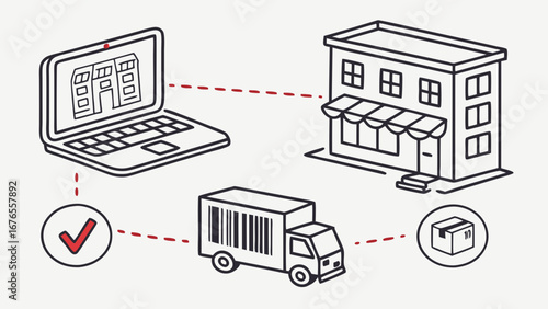 Online shopping process from ordering on laptop to delivery by truck to customer doorstep