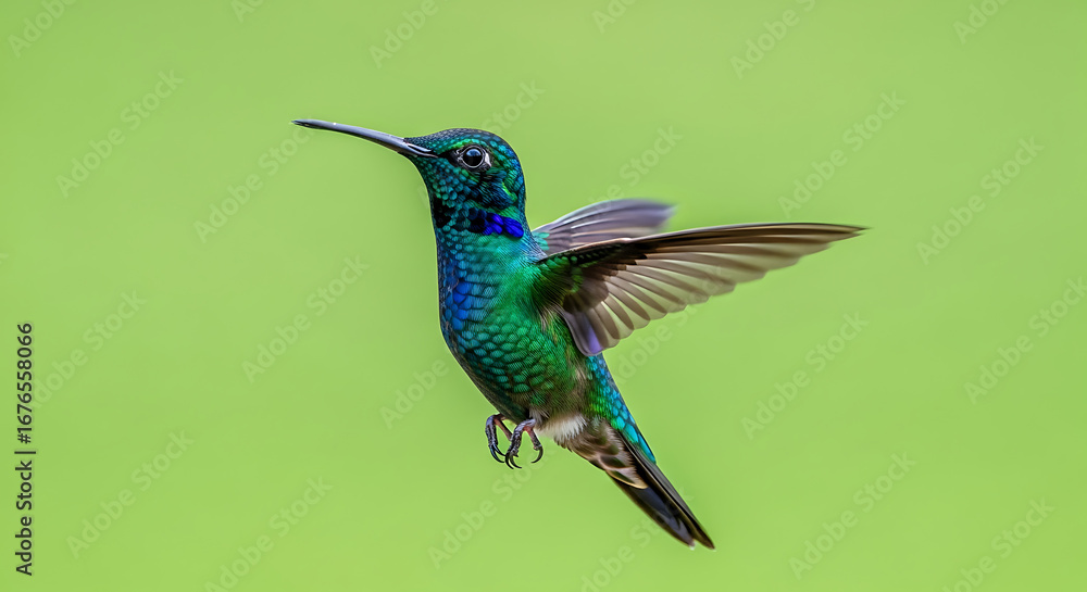 Obraz premium A vibrant blue and green hummingbird hovers in mid-flight against a soft green background, showcasing its iridescent plumage and rapid wing movement.