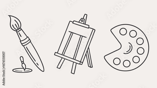 Simple line art illustration of a paintbrush with paint an easel and a painter s palette on a light background