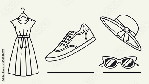 Simple line art illustrations of a dress on a hanger a sneaker a sun hat and sunglasses