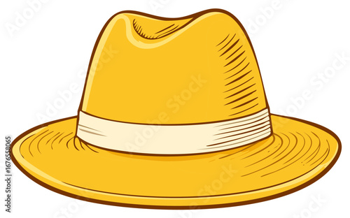 Vibrant yellow wide-brimmed hat with a light band in a classic cartoon illustration style