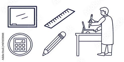 Simple line drawing of school supplies including a blackboard ruler pencil calculator and person at a desk
