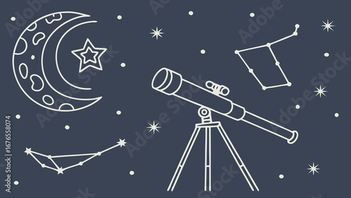 Stylized illustration of a telescope crescent moon stars and constellations against a dark blue night sky