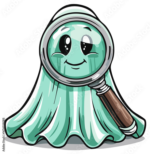 Smiling cartoon ghost with magnifying glass, whimsical character illustration.