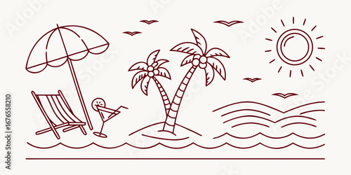 Tropical island paradise with palm trees beach chair umbrella cocktail sun and birds flying