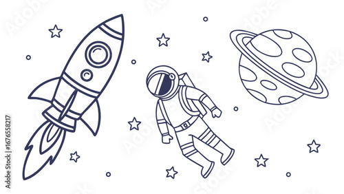Whimsical outline illustration of an astronaut floating in space near a rocket and a ringed planet surrounded by stars