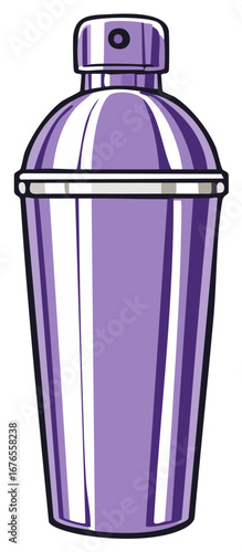 Stylized illustration of a shiny purple cocktail shaker with bold outlines and highlights