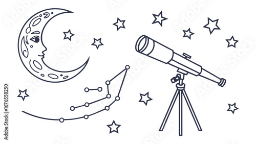 Whimsical hand drawn illustration of a crescent moon with a face stars a telescope on a tripod and a constellation against a white background