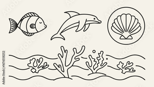 Whimsical line art collection featuring a dolphin fish seashell and coral reef elements on a light background