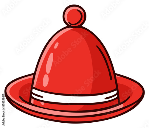Vibrant red whimsical hat with white band and decorative sphere on top cartoon illustration