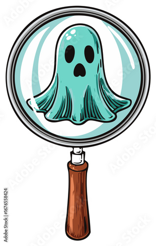 Ghost detected and examined with a magnifying glass illustration