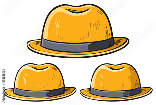 Three Retro Yellow Fedora Hats with Gray Ribbons Illustration