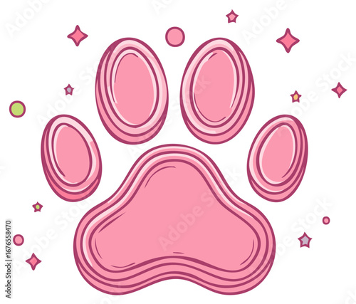 Cute Pink Paw Print with Sparkling Stars and Circles Illustration