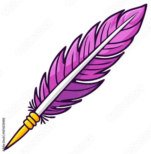 Cartoon feather illustration in purple and gold