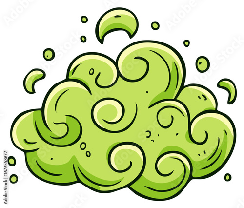 Cartoon Green Smelly Cloud with Swirling Lines and Bubbles
