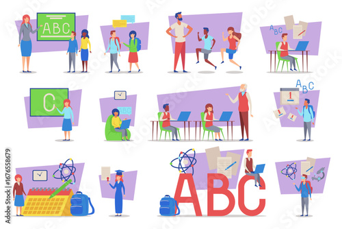 Vibrant collection of various educational scenes. Students engaged in learning activities, from reading to collaborating with peers, highlighting importance of education