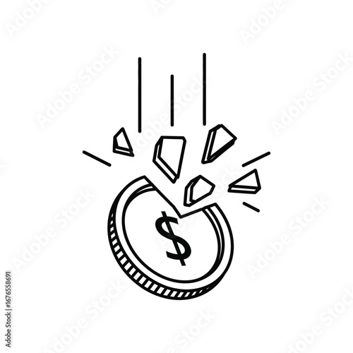 Financial Rupture: A dramatic illustration of a coin shattering into fragments, symbolizing financial collapse, crisis, or economic instability.