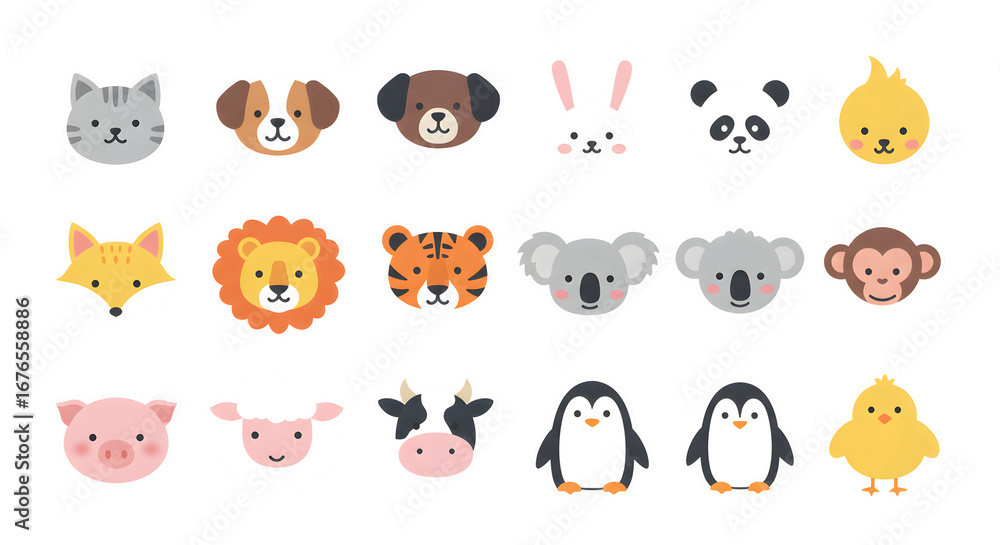 Fototapeta premium Cute Animal Face Icon sticker (귀여운 동물 얼굴 아이콘 스티커)
