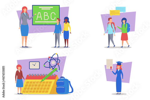 Classroom setting with teacher instructing students on letters. Two students standing together, one holding backpack