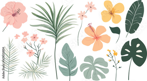 Collection of delicate blue ink hand drawn floral elements and botanical illustrations on white background