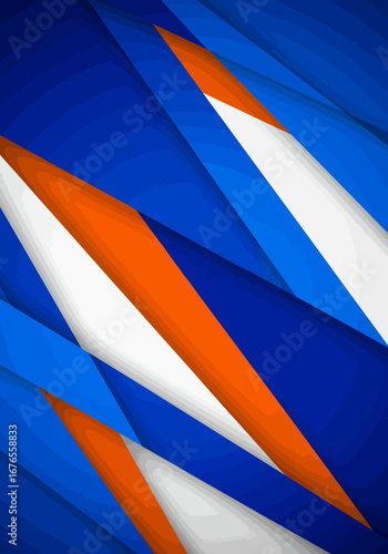 Abstract Geometric Composition with Blue Orange and White Diagonal Shapes.