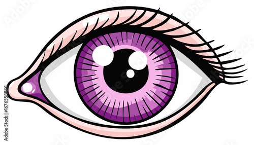 Vivid cartoon eye with a striking purple iris and elegant long lashes