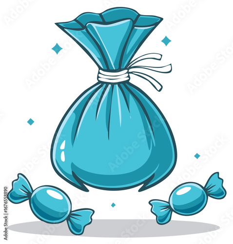Bright Blue Gift Bag Filled with Sweet Candies and Sparkling Accents