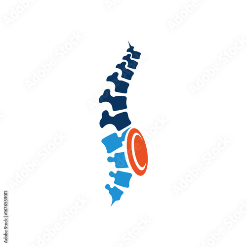 A stylized graphic of a human spine with a red and orange herniated disc, representing back pain or injury.