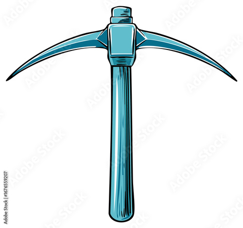 Blue pickaxe tool illustration in a hand drawn cartoon style for mining and construction.