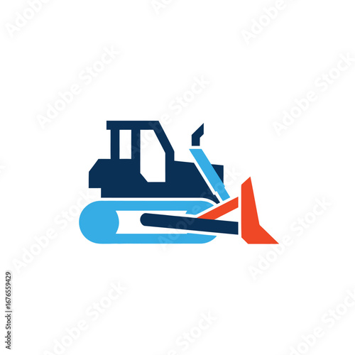 A stylized, flat design illustration of a blue and orange bulldozer with tracks, symbolizing construction and heavy machinery.