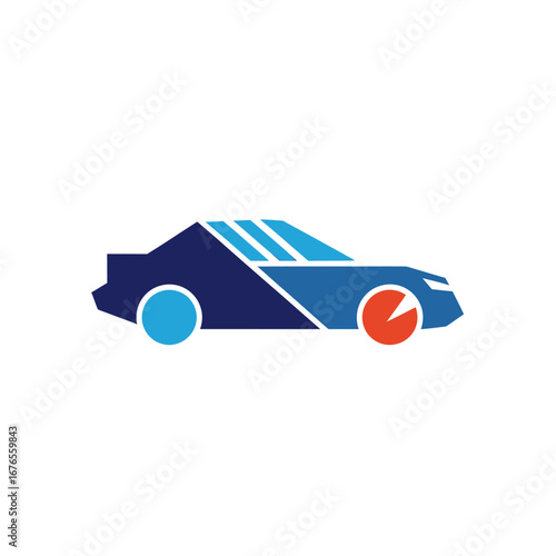 A stylized geometric car logo featuring a two-tone blue body and distinct colored wheels.