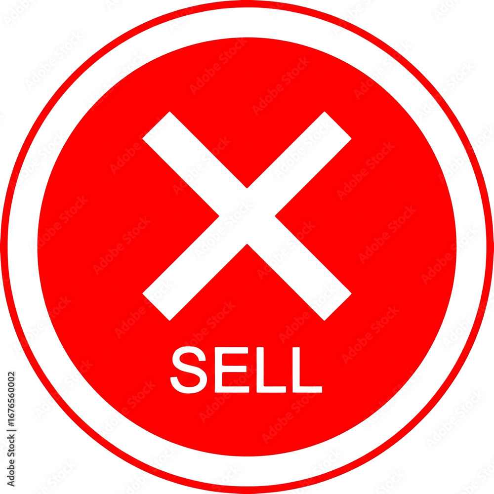 Fototapeta premium Conceptual graphic of a red circular prohibition sign with a white cross over the word sell, symbolizing a boycott or do not sell order