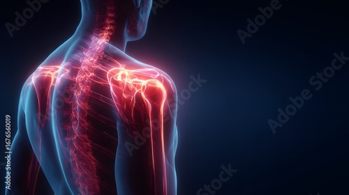 Fototapeta Naklejka Na Ścianę i Meble -  A detailed anatomical representation of the shoulder and spine, highlighting the skeletal structure with vibrant color accents.