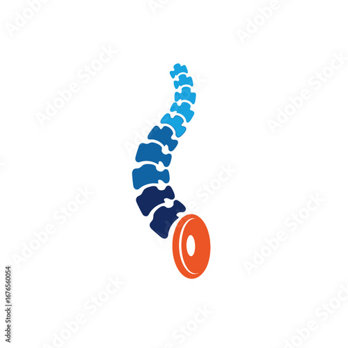 Stylized human spine illustration featuring blue vertebral segments and a prominent orange intervertebral disc.