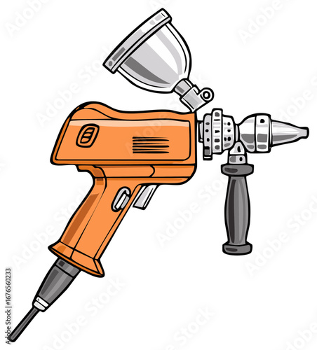 Illustration of a cartoon-style orange construction spray gun on a white backdrop