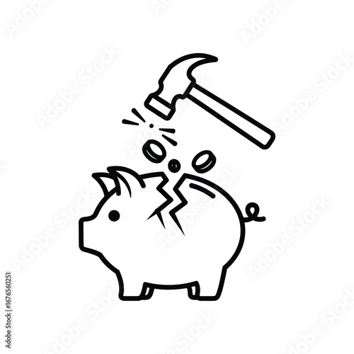 Breaking the piggy bank: A line art image shows a pig bank being shattered by a hammer, representing financial crisis and debt with falling coins.