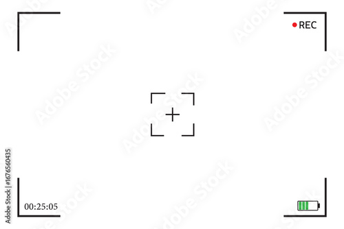 Camera frame. Video screen with rec, viewfinder. Background for record movie. Display with focus, time, battery for videography, surveillance. Template for photography, cinema. Illustration