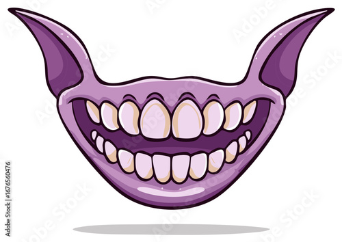 Cartoon purple grinning mouth with pointy ears, showing teeth, cheerful design