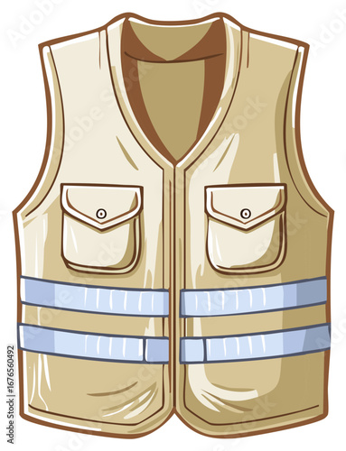 Beige Safety Vest Illustration with Pockets and Reflective Bands Workwear Protective Apparel Construction Outfit