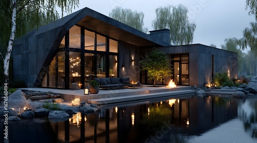 Luxury 3D House Exterior by the Lake | Modern Riverside Villa Rendering at Golden Hour | Architectural Visualization