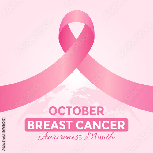 Breast cancer awareness month poster with pink ribbon on a soft gradient background. symbolizing hope, prevention, and support for women’s health. Vector Illustration