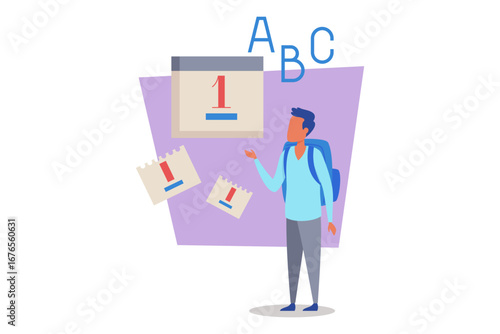 Student with backpack standing in front of calendar marked with first day of school, surrounded by notes and reminders, reflecting excitement for learning