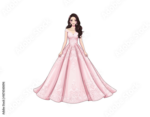 gorgeous bride wearing a pink wedding dress and stunning earrings against a white backdrop. Isolated illustration

