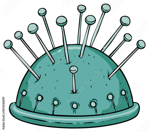 Cartoon style teal pin cushion filled with many sharp sewing pins for tailoring and needlework