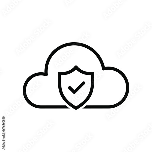 Cloud Protection: A minimalist depiction of a cloud silhouette, overlaid with a shield bearing a check mark, symbolizing security and the safe storage of data within a digital environment.