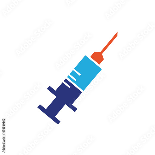 A stylized, graphic illustration of a syringe with a needle, rendered in blue, orange, and dark blue against a white background.