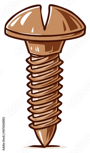 Illustration of a shiny cartoon style bronze screw with slotted head and helical threads